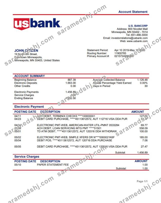 USA Bancorp bank proof of address statement template in Word and PDF format